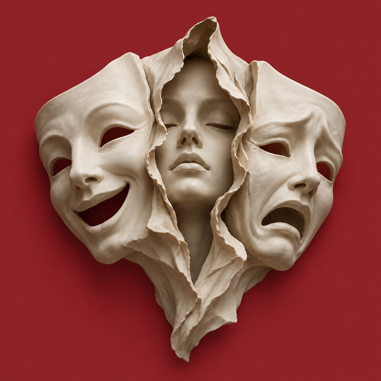 Ivory masks of joy and sorrow opening to reveal a face within, against Wayfinder red